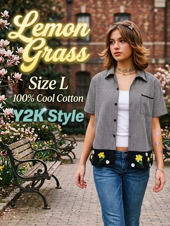 Lemon Grass Tops - LEMON GRASS Women's Gingham Check Floral Daisy Daffodil Applique Shirt Large